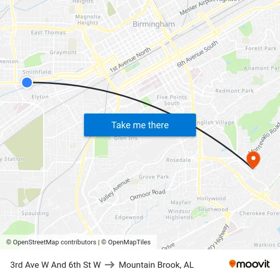 3rd Ave W And 6th St W to Mountain Brook, AL map
