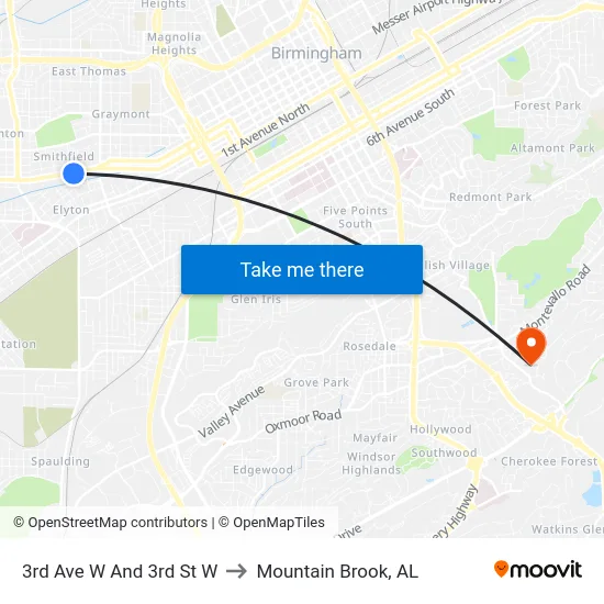 3rd Ave W And 3rd St W to Mountain Brook, AL map