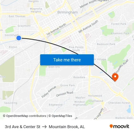 3rd Ave & Center St to Mountain Brook, AL map
