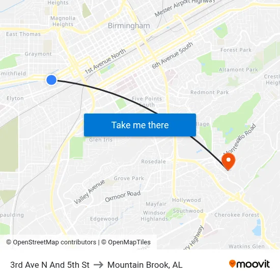 3rd Ave N And 5th St to Mountain Brook, AL map