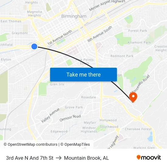 3rd Ave N And 7th St to Mountain Brook, AL map