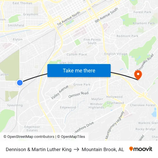 Dennison & Martin Luther King to Mountain Brook, AL map