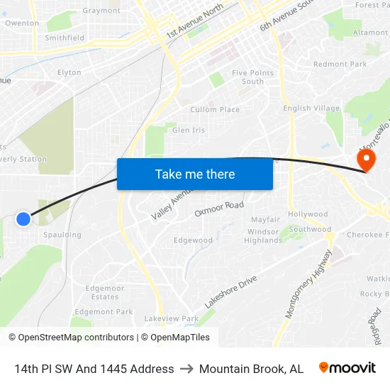 14th Pl SW And 1445 Address to Mountain Brook, AL map