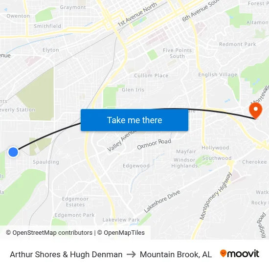 Arthur Shores & Hugh Denman to Mountain Brook, AL map