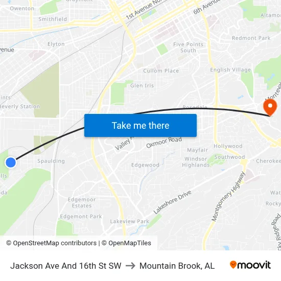 Jackson Ave And 16th St SW to Mountain Brook, AL map