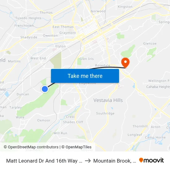 Matt Leonard Dr And 16th Way SW to Mountain Brook, AL map