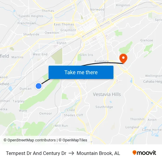 Tempest Dr And Century Dr to Mountain Brook, AL map