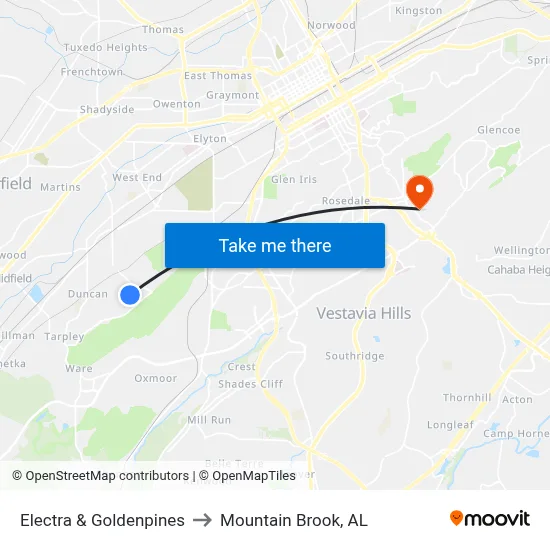 Electra & Goldenpines to Mountain Brook, AL map