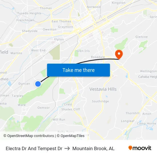 Electra Dr And Tempest Dr to Mountain Brook, AL map