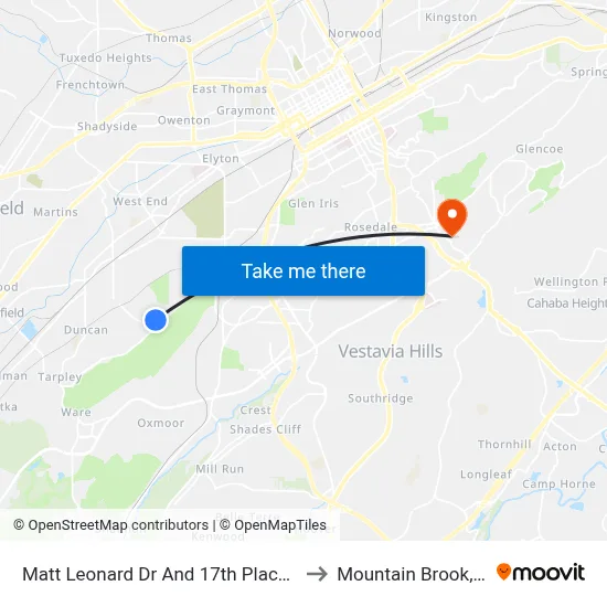 Matt Leonard Dr And 17th Place SW to Mountain Brook, AL map