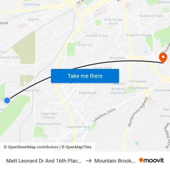 Matt Leonard Dr And 16th Place SW to Mountain Brook, AL map