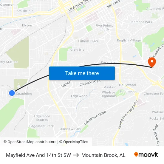 Mayfield Ave And 14th St SW to Mountain Brook, AL map