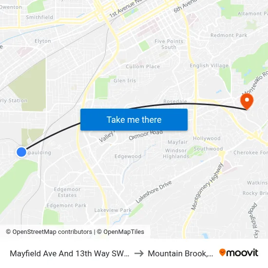 Mayfield Ave And 13th Way SW (Ib) to Mountain Brook, AL map