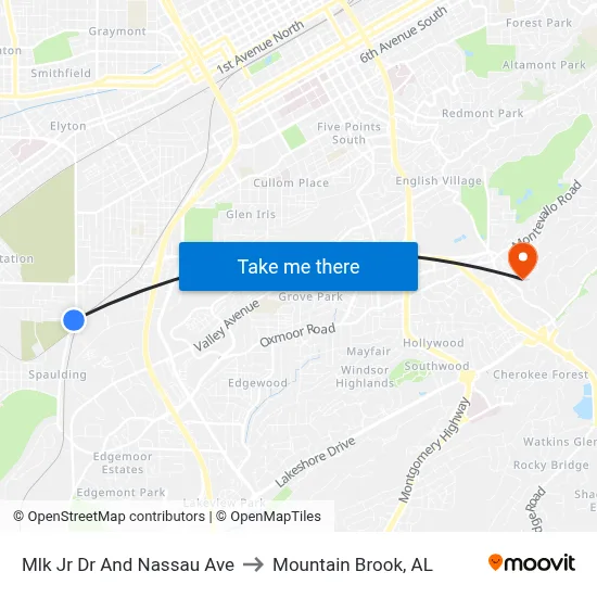 Mlk Jr Dr And Nassau Ave to Mountain Brook, AL map