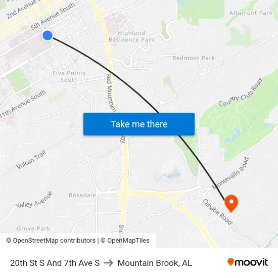 20th St S And 7th Ave S to Mountain Brook, AL map