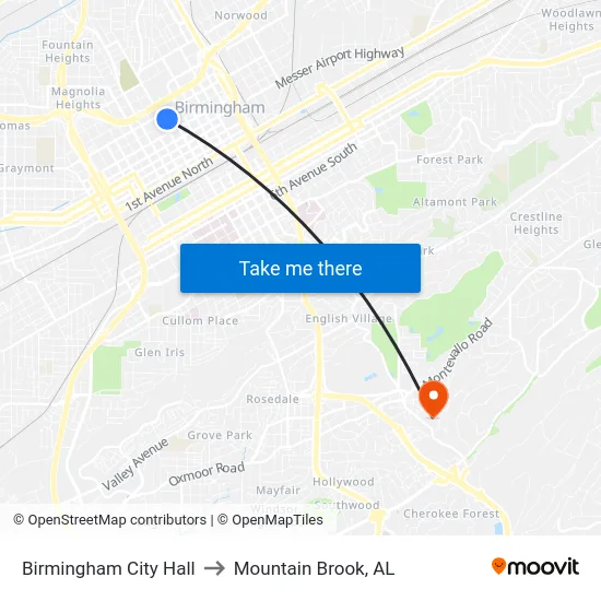 Birmingham City Hall to Mountain Brook, AL map