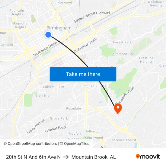 20th St N And 6th Ave N to Mountain Brook, AL map