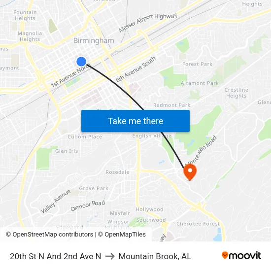 20th St N And 2nd Ave N to Mountain Brook, AL map