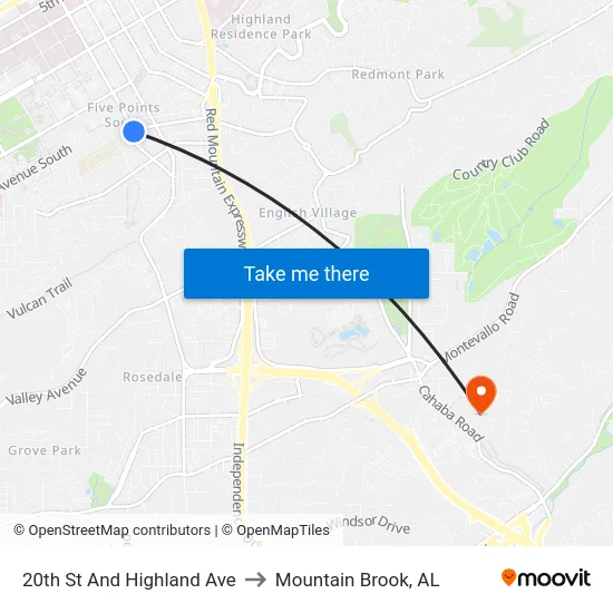 20th St And Highland Ave to Mountain Brook, AL map