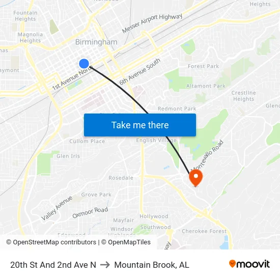 20th St And 2nd Ave N to Mountain Brook, AL map