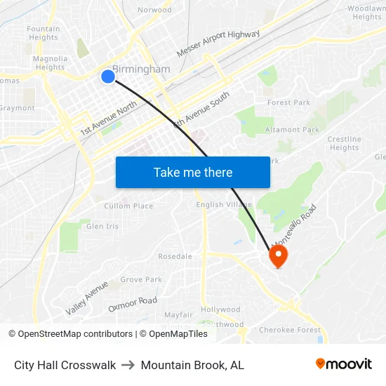City Hall Crosswalk to Mountain Brook, AL map
