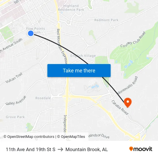 11th Ave And 19th St S to Mountain Brook, AL map