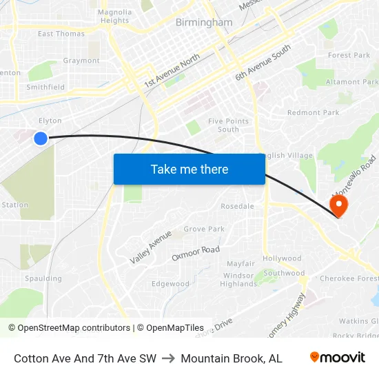 Cotton Ave And 7th Ave SW to Mountain Brook, AL map