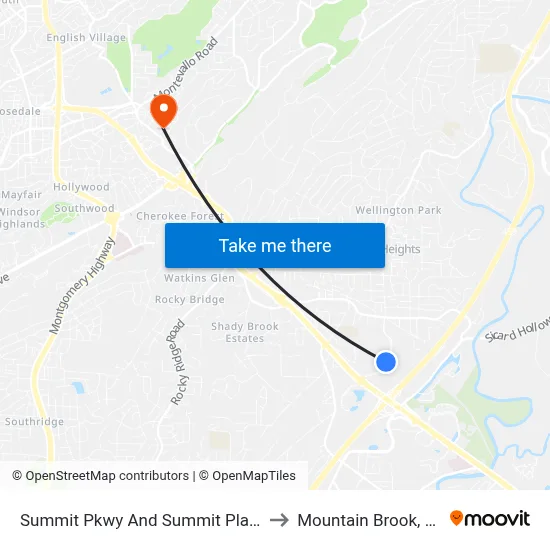 Summit Pkwy And Summit Place to Mountain Brook, AL map