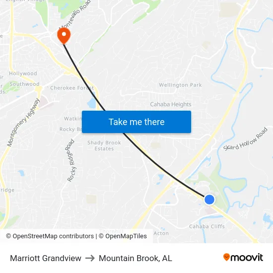 Marriott Grandview to Mountain Brook, AL map