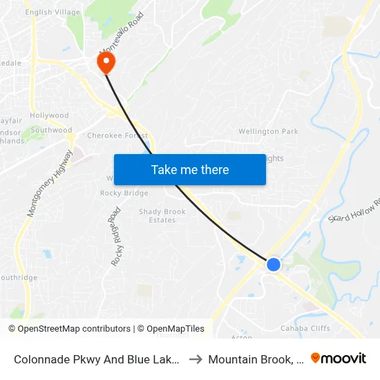 Colonnade Pkwy And Blue Lake Dr to Mountain Brook, AL map