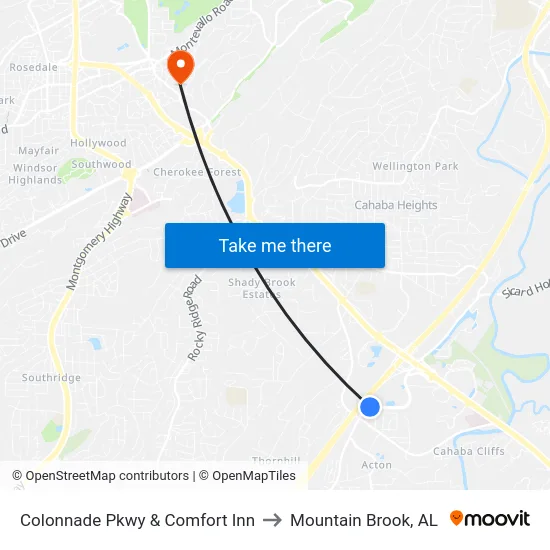 Colonnade Pkwy & Comfort Inn to Mountain Brook, AL map