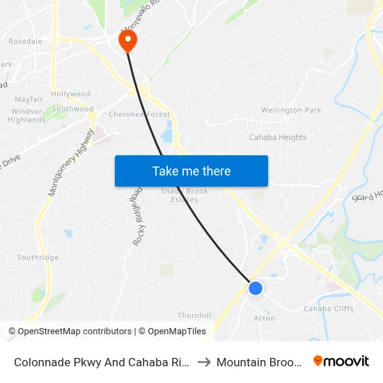 Colonnade Pkwy And Cahaba River Rd to Mountain Brook, AL map