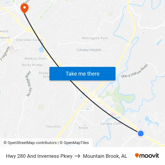 Hwy 280 And Inverness Pkwy to Mountain Brook, AL map