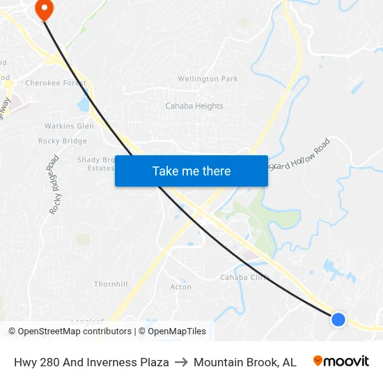 Hwy 280 And Inverness Plaza to Mountain Brook, AL map
