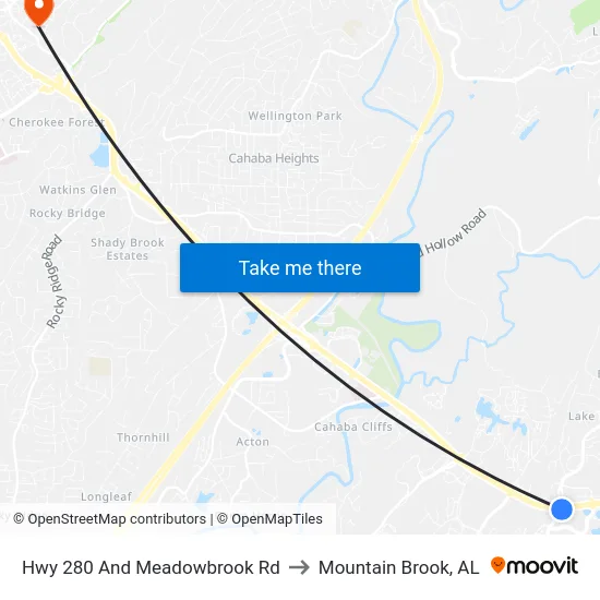 Hwy 280 And Meadowbrook Rd to Mountain Brook, AL map