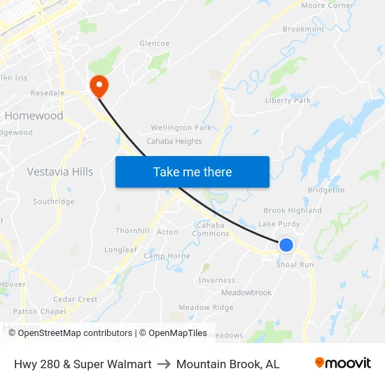 Hwy 280 & Super Walmart to Mountain Brook, AL map