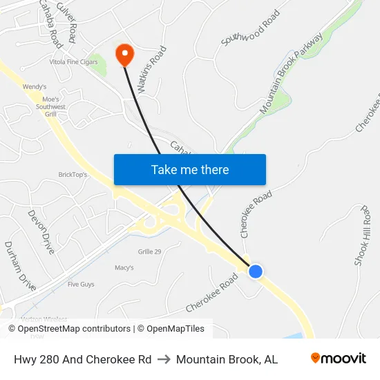 Hwy 280 And Cherokee Rd to Mountain Brook, AL map