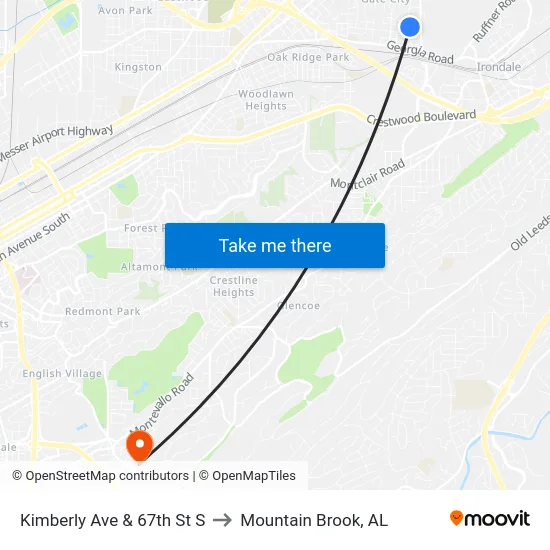 Kimberly Ave & 67th St S to Mountain Brook, AL map