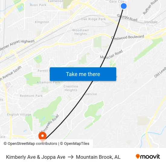 Kimberly Ave & Joppa Ave to Mountain Brook, AL map