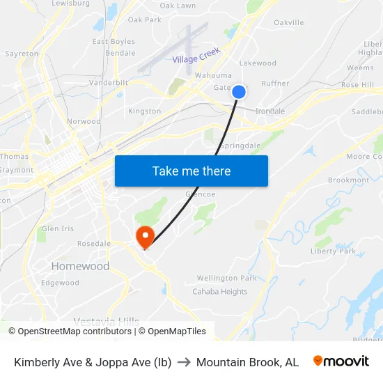Kimberly Ave & Joppa Ave (Ib) to Mountain Brook, AL map