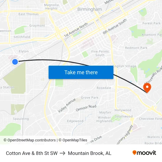Cotton Ave & 8th St SW to Mountain Brook, AL map