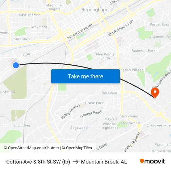 Cotton Ave & 8th St SW (Ib) to Mountain Brook, AL map