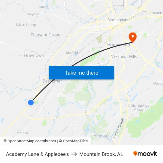 Academy Lane & Applebee's to Mountain Brook, AL map