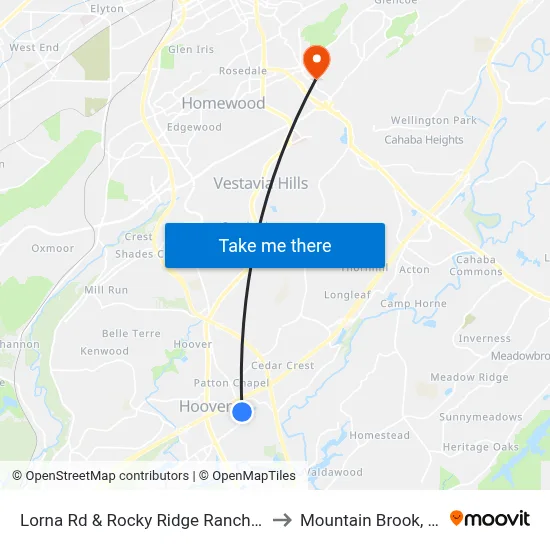 Lorna Rd & Rocky Ridge Ranch Rd to Mountain Brook, AL map