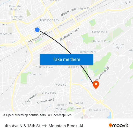 4th Ave N & 18th St to Mountain Brook, AL map