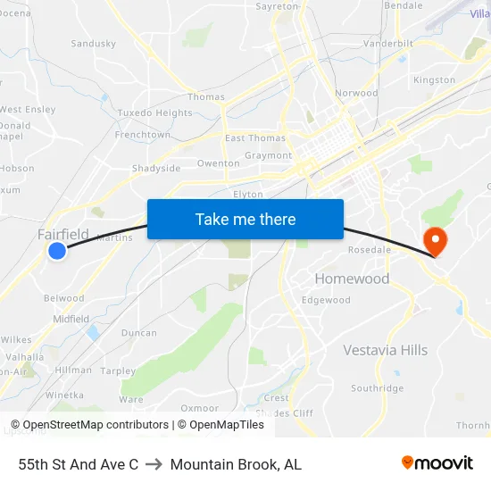 55th St And Ave C to Mountain Brook, AL map