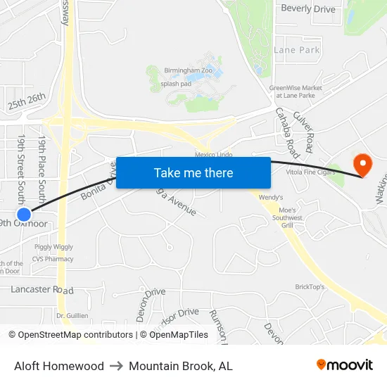 Aloft Homewood to Mountain Brook, AL map