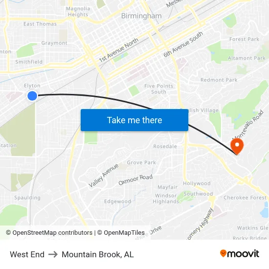West End to Mountain Brook, AL map
