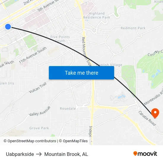 Uabparkside to Mountain Brook, AL map