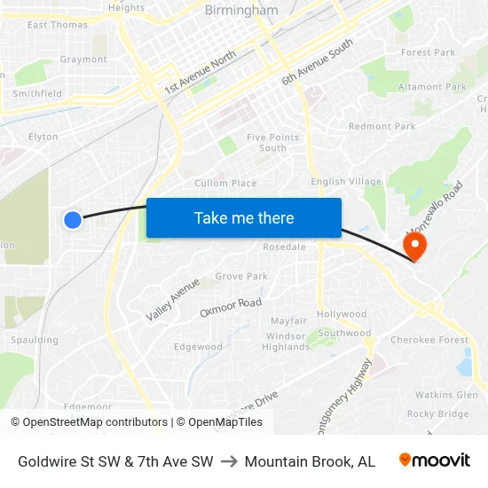 Goldwire St SW & 7th Ave SW to Mountain Brook, AL map